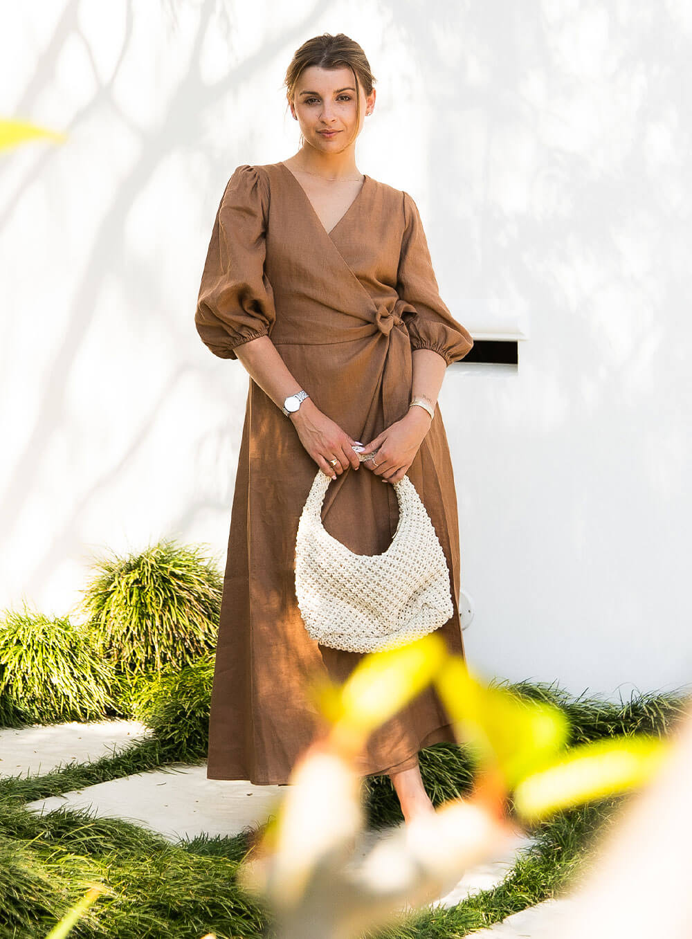 The Lydia Linen Wrap Dress is midi in length, functional wrap tie, Cross over front, soft bias cut skirt.