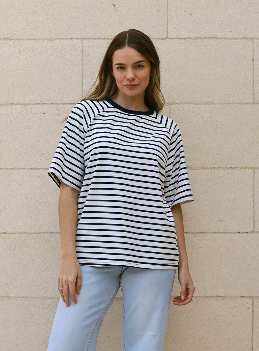 Selina Stripe T-shirt-White-Navy