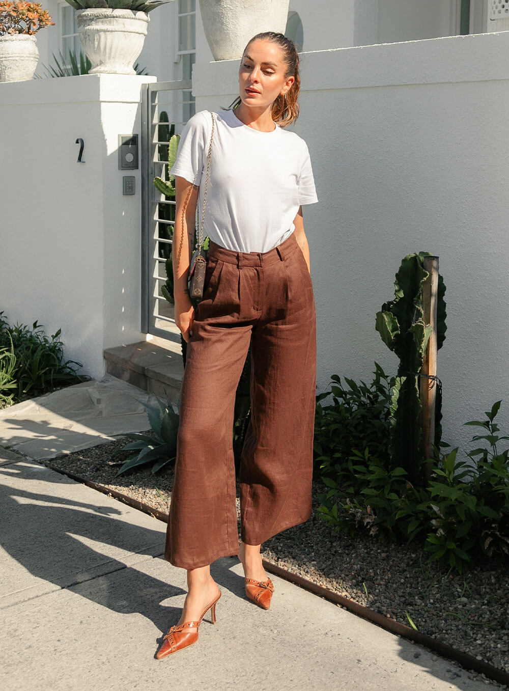 Edith Linen Culottes in chocolate is 100% Linen with elastic waistband at back, only slightly cropped,  button and zip enclosure at front and 2 side pockets