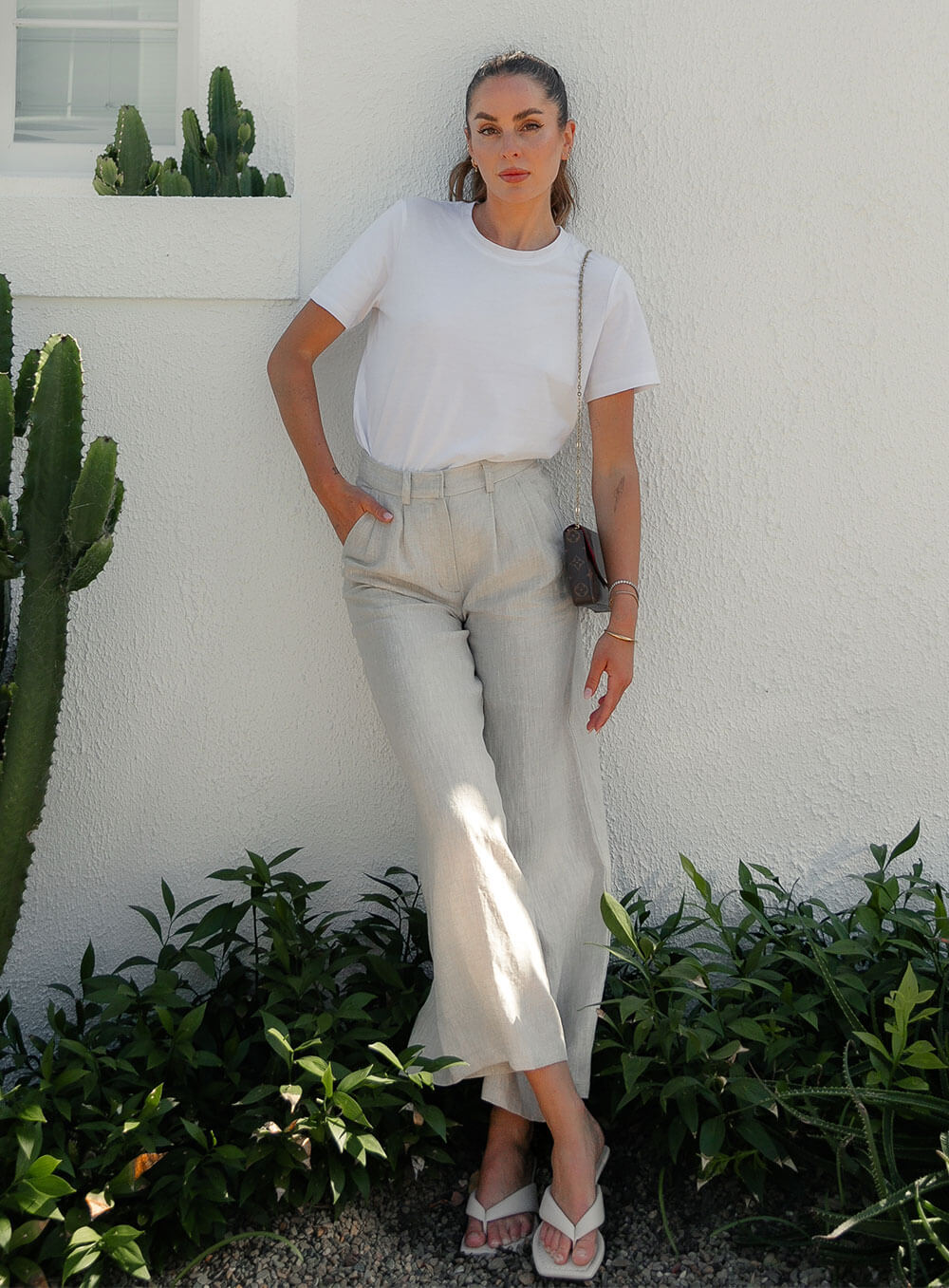 Edith Linen Culottes in beige is 100% Linen with elastic waistband at back, only slightly cropped,  button and zip enclosure at front and 2 side pockets