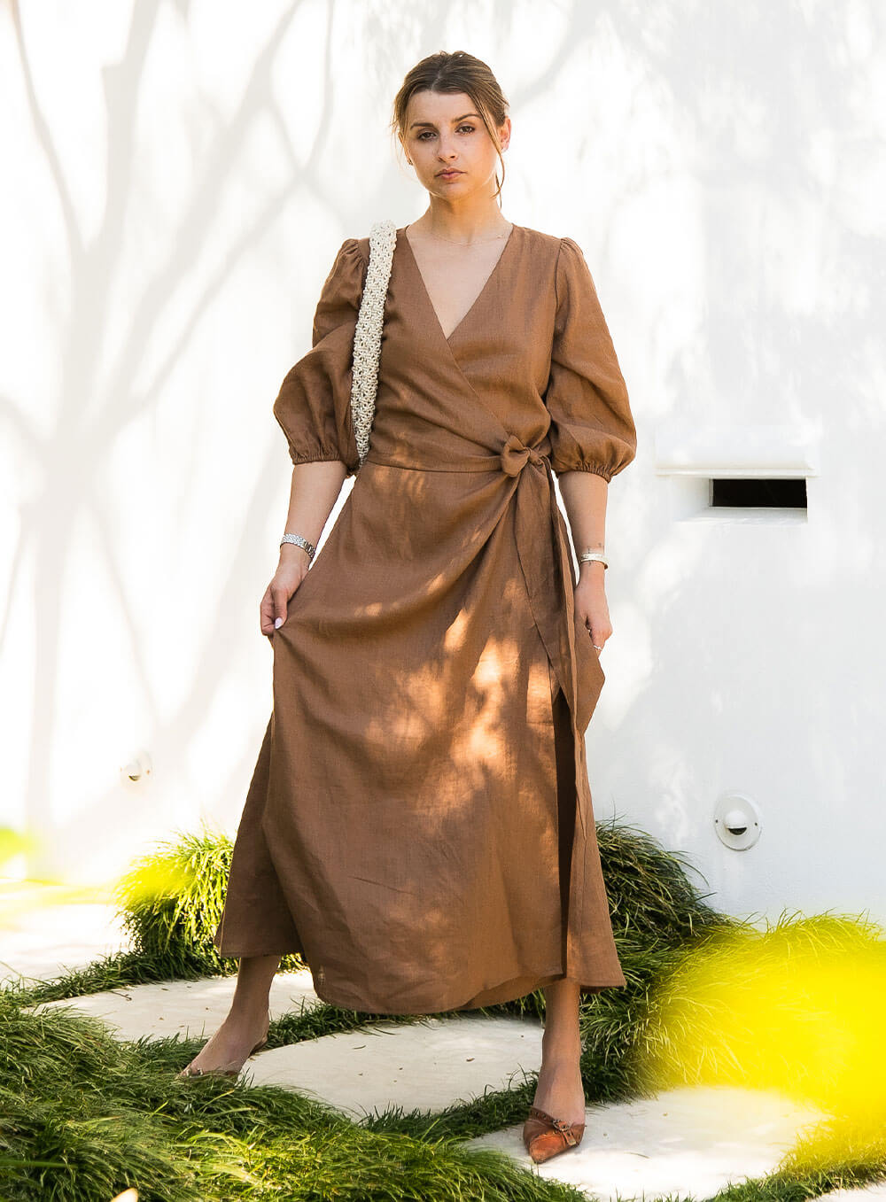 The Lydia Linen Wrap Dress is midi in length, functional wrap tie, Cross over front, soft bias cut skirt.