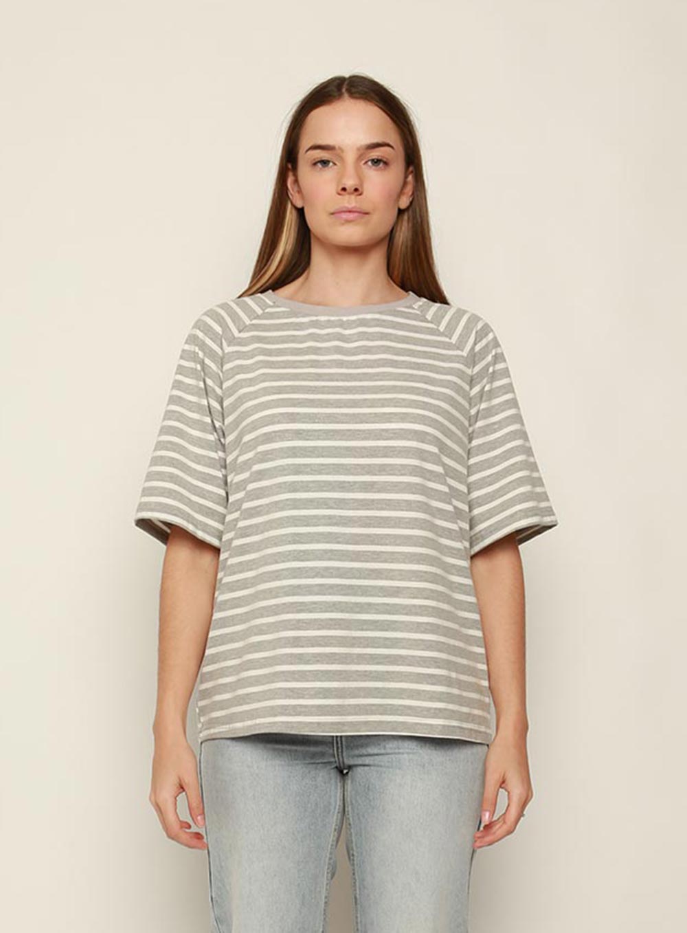 Selina Stripe T-shirt-White-Grey