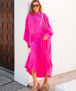 The Daisy Linen Midi Dress in pink is made from 100% linen, It's overised layers drape over the body flowing effortlessly.