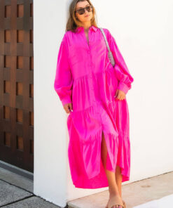 The Daisy Linen Midi Dress in pink is made from 100% linen, It's overised layers drape over the body flowing effortlessly.