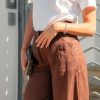 Edith Linen Culottes in chocolate is 100% Linen with elastic waistband at back, only slightly cropped,  button and zip enclosure at front and 2 side pockets