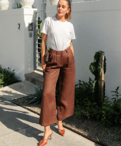 Edith Linen Culottes in chocolate is 100% Linen with elastic waistband at back, only slightly cropped,  button and zip enclosure at front and 2 side pockets