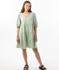 The Eleanor mini dress in sage features a flowing layered a line shape with draping linen/viscose fabric, puff 3/4 sleeves with elastic cuff which can be pushed up to the elbow, a dropped v shape neckline with a square finish.