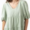 The Eleanor mini dress in sage features a flowing layered a line shape with draping linen/viscose fabric, puff 3/4 sleeves with elastic cuff which can be pushed up to the elbow, a dropped v shape neckline with a square finish.
