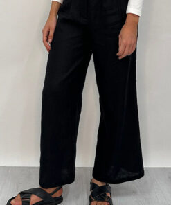 Edith Linen Culottes in black is 100% Linen with elastic waistband at back, only slightly cropped,  button and zip enclosure at front and 2 side pockets