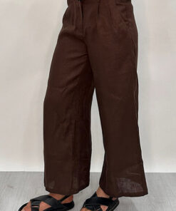 Edith Linen Culottes in chocolate is 100% Linen with elastic waistband at back, only slightly cropped,  button and zip enclosure at front and 2 side pockets