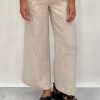 Edith Linen Culottes in beige is 100% Linen with elastic waistband at back, only slightly cropped,  button and zip enclosure at front and 2 side pockets