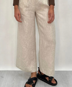 Edith Linen Culottes in beige is 100% Linen with elastic waistband at back, only slightly cropped,  button and zip enclosure at front and 2 side pockets