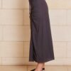 The Lily Skirt in charcoal features a ruched split detailing that adds both shape and texture, functional ruching with tie leg splits and invisible zip back seam.
