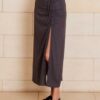The Lily Skirt in charcoal features a ruched split detailing that adds both shape and texture, functional ruching with tie leg splits and invisible zip back seam.