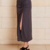 The Lily Skirt in charcoal features a ruched split detailing that adds both shape and texture, functional ruching with tie leg splits and invisible zip back seam.