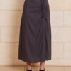 The Lily Skirt in charcoal features a ruched split detailing that adds both shape and texture, functional ruching with tie leg splits and invisible zip back seam.