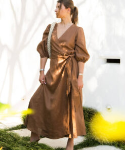 The Lydia Linen Wrap Dress is midi in length, functional wrap tie, Cross over front, soft bias cut skirt.