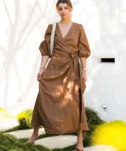 The Lydia Linen Wrap Dress is midi in length, functional wrap tie, Cross over front, soft bias cut skirt.