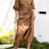 The Lydia Linen Wrap Dress is midi in length, functional wrap tie, Cross over front, soft bias cut skirt.