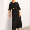 The Margot Linen mid length dress in black features an invisible zip in centre back, strategically placed side cut outs. Circle detail centre front.