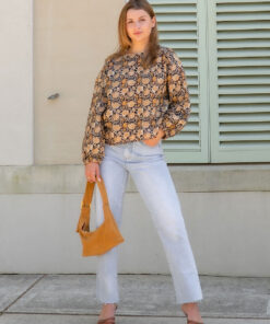 Tha Tiffany top in exclusive paisley black, tan, beige print features long sleeves with elasticised cuff, button through back yoke, shoulder detailing and breathable soft washed linen.