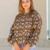 Tha Tiffany top in exclusive paisley black, tan, beige print features long sleeves with elasticised cuff, button through back yoke, shoulder detailing and breathable soft washed linen.
