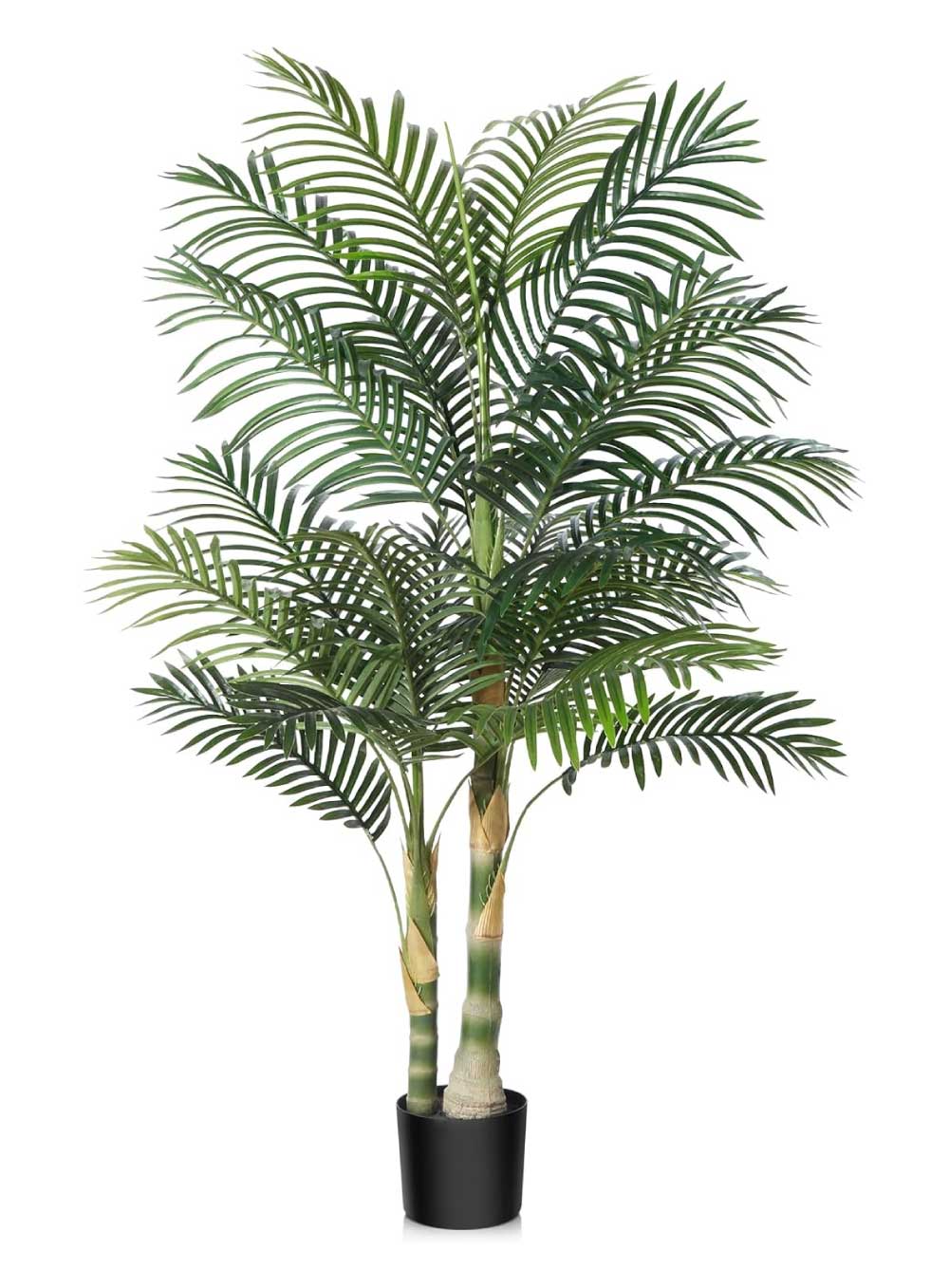 Artificial golden palm tree with arching metallic fronds and sculpted trunk